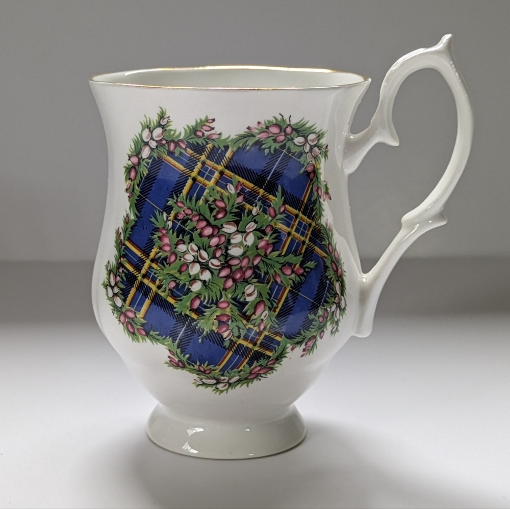 Vintage Bluebird Bone China Coffee Mug Nova Scotia Tartan Blue & Yellow Plaid